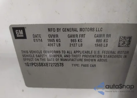 2014 Chevrolet Cruze 1Lt Auto from USA, damaged, VIN 1G1PC5SBXE7272578